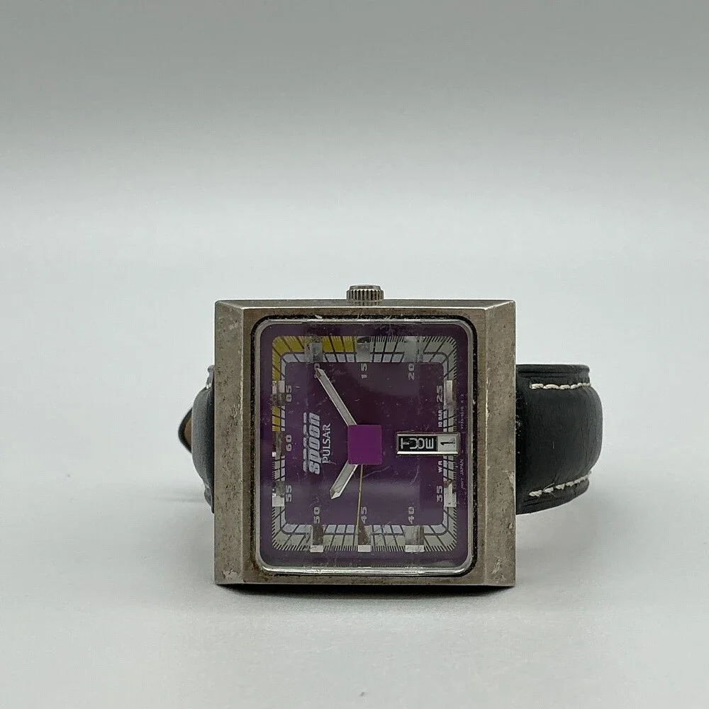 Pulsar Spoon V733-5A70 Mens Watch 34mm Purple Dial Black Leather New Battery